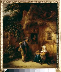 Conversazione davanti a una casa contadina