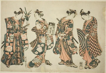 Gli attori Sanogawa Ichimatsu (destra), Nakamura Kiyosaburo (centro destra), Sanogawa Senzo (centro sinistra) e Nakamura Kumetaro (sinistra)