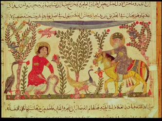 Un dottore che assiste un uomo morso da un serpente, manoscritto da un trattato di Dioscoride, XIII secolo
