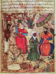 Fol.100 Il sultano che mostra la giustizia, da "Il libro di Kalilah e Dimnah" (inchiostro e acquerello opaco su carta)