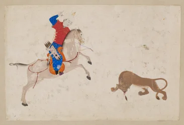 Cavaliere che uccide un leone, da Bukhara o Tabriz, Uzbekistan (colore e oro su carta)