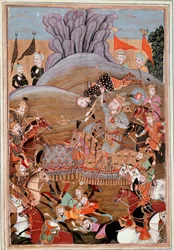 Arte islamica: "Il primo combattimento di Rustam contro Afrasiab" Miniatura persiana da un manoscritto del poema epico "Shahnameh" (Shah Nama, Shahnama) (Libro dei Re) di Ferdowsi (Firdawsi, o Ferdawsi, o Firdousi, ca. 940-1020 circa) (ms. 607) Chantilly, 