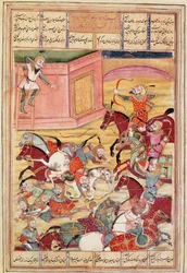 Arte islamica: Sam scocca una freccia per difendere un castello incantato (miniatura persiana da un manoscritto del poema epico Shahnameh di Ferdowsi)