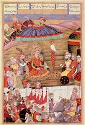 Arte islamica: Sohrab guarda di nuovo la tenda di Roustam (miniatura persiana da un manoscritto del poema epico Shahnameh di Ferdowsi)