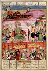 Arte islamica: Sohrab (Saharab) al campo di Roustam. Miniatura persiana da un manoscritto del poema epico Shahnameh (Libro dei Re) di Ferdowsi (ca. 940-1020)