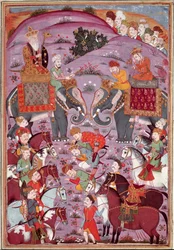 Arte islamica: Il primo incontro di Roustam e suo nonno Sam (miniatura persiana da un manoscritto del poema epico Shahnameh di Ferdowsi)