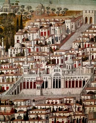 Arte islamica: veduta di Damasco con la Grande Moschea degli Omayyadi di Damasco (705-715). Dipinto siriano anonimo del XVII secolo. Siria, Damasco, Palazzo Azem o Azm.
