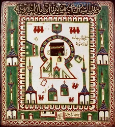 Arte islamica: placca ceramica raffigurante la tomba di Muhammad a Medina, nell