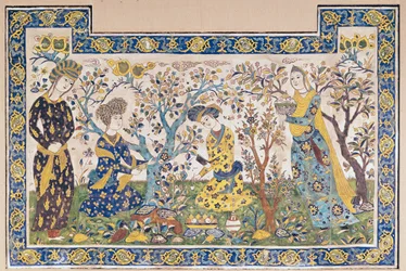 Pannello murale di figure che si rilassano in un giardino, dal Tchehel Sutun o Padiglione delle Quaranta Colonne costruito da Shah Abbas II, persiano, da Isfahan, Iran