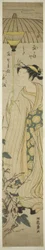 Giovane donna con parasole ammira i fiori di Hirugao (volto di mezzogiorno)