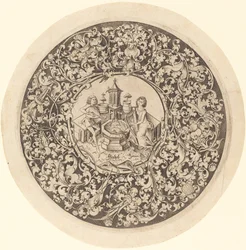 Ornamento circolare con musicisti che suonano vicino a un pozzo
