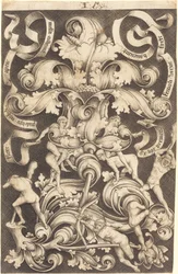 Ornamento con fiore e otto figure selvagge