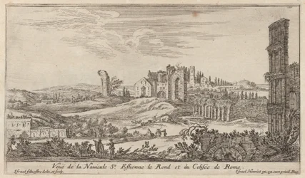 Veduta della Navicella di Santo Stefano Rotondo e del Colosseo di Roma