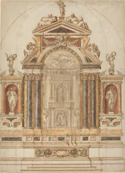 Un elaborato altare di marmo colorato ornato di sculture