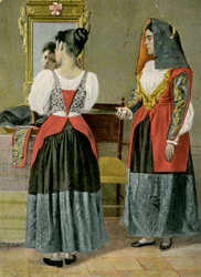 Due donne in costumi tradizionali, Sennori, Sardegna, Italia, fotografia di G Dessi, Cagliari
