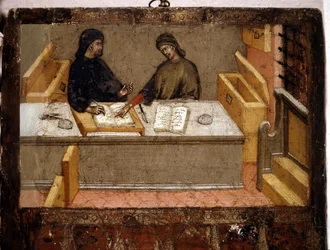 Un Camerlingo e un esattore delle tasse in ufficio, Biccherna (copertina del registro contabile della città di Siena) del 1394. Archivio Nazionale - Museo delle Tavolette di Biccherna, Siena