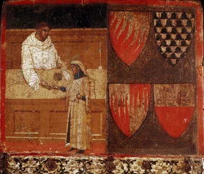 Un esattore delle tasse e un contribuente. Dipinto anonimo su tavola che decora una Biccherna, la copertina del registro contabile della città di Siena, del 1340. Archivio di Stato - Museo delle Tavolette di Biccherna, Siena.