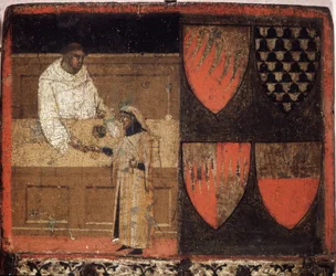 Un esattore delle tasse e un contribuente, Biccherna (copertina del registro contabile della città di Siena) del 1340. Archivio di Stato - Museo delle Tavolette di Biccherna, Siena.
