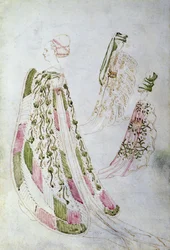 Una donna e due uomini con cappotti lunghi, c.1450
