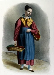 Una giovane venditrice ambulante di fragole. Incisione del mestiere milanese di Locarno del 1830