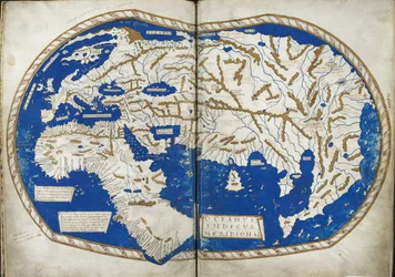 Mappa del mondo, da "Insularium Illustratum", di Enrico Martello, un resoconto delle isole, principalmente del Mediterraneo, con piani colorati, italiano, c.1470 (pergamena)
