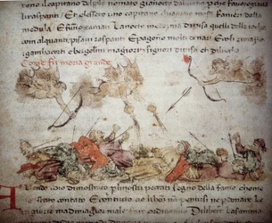 Rappresentazione allegorica della peste nera in Europa nel 1347-48, da "Croniche del Sercambi", 1400 circa (penna e inchiostro su pergamena)