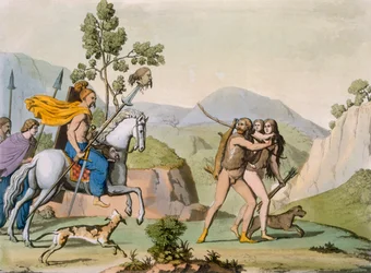 Antichi guerrieri celtici in una scorreria incontrano una coppia a caccia, c.1800-18 (incisione colorata)
