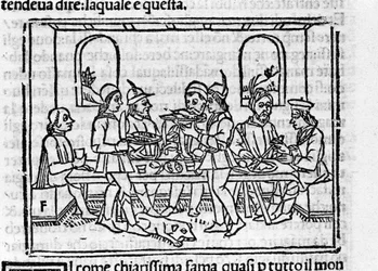 Scena di banchetto alla presenza di membri della nobiltà fiorentina. Illustrazione per il "Decameron" di Giovanni Boccaccio. Incisione in "Decamerone ouer Cento novelle"