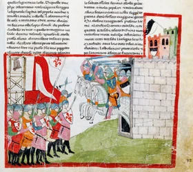 Battaglia di Montaperti, miniatura di Pacino di Buonaguida (ca 1280-prima del 1340) da Nuova Cronica, di Giovanni Villani, manoscritto Chigiano L VIII 296