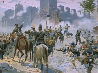 Battaglia di Solferino e San Martino, 24 giugno 1859, illustrazione da un album sulla storia del Risorgimento realizzato per il cioccolato Talmone, fine XIX secolo