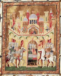 Scena di battaglia alle mura di Gerusalemme, da Descriptio Terrae Sanctae di Burcardus Theutonicus o Burchard di Monte Sion