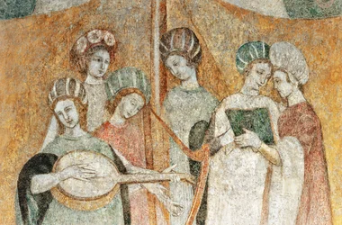 Bicocca degli Arcimboldi: affresco del XV secolo, dettaglio di donne che suonano musica