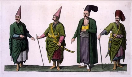 Bostandji, Khasseki e altri esempi di costume ottomano, tavola 5 dalla Parte III, Volume I della «Storia delle nazioni», incisa da V. Raineri