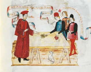 Corruzione di un giudice, miniatura dal Libro dei Privilegi, manoscritto, Italia XV secolo