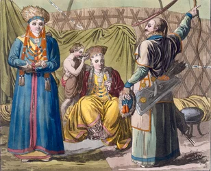 Famiglia Buryat in un interno, da Costume dei... di Giulio Ferrario, c.1820-30 (litografia colorata a mano)