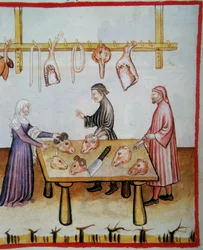 Macellazione di teste di animali. Illustrazione dal Codex Vindobonensis Series Nova 2644, Tacuinum Sanitatis