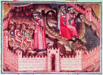 Canto XVII Quattro sodomiti: Dante e Virgilio cavalcano sul dorso di Gerione nel Cerchio dei Fraudolenti, dalla Divina Commedia (Inferno), c.1313