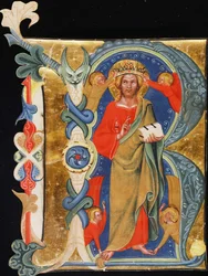 Cristo Redentore - Iniziale R da un manoscritto miniato di grande formato, c.1380