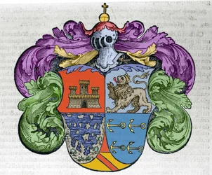 Stemma del navigatore Cristoforo Colombo (1451-1506): le quattro parti dello scudo rappresentano in alto la città di Castiglia e León, in basso le isole scoperte e i simboli delle ancore dell