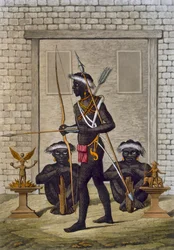 Guerrieri del Congo e figure feticce sorvegliano il palazzo del Saba o sovrano, c.1820-30
