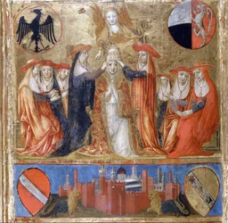 Incoronazione di Pio II (Enea Silvio Piccolomini) (1405-1464). Papa italiano (1458 - 1464). In basso si trova la città fortificata di Siena. Biccherna (copertina del registro contabile della città di Siena) del 1460. Archivio di Stato - Museo delle