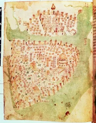 Cotton Vespasian A. XIII, f.36v: Mappa di Costantinopoli, c.1450