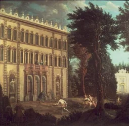 Casa di campagna con figure eleganti (una di una coppia)