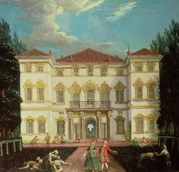 Casa di campagna con figure eleganti (una di una coppia)