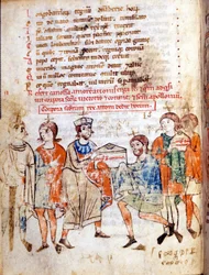 Corte di Matilde di Canossa (o Contessa Matilde di Toscana) (1046 - 1115) in ""Vita Mathildis"" di Donizone, manoscritto del XIII secolo. Lucca, Bibl, Governativa.