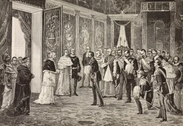 Il principe ereditario di Germania (futuro Federico III) ricevuto da Papa Leone XIII nella sala del trono, Vaticano, incisione da un disegno di Ximenes da uno schizzo di Dal Don