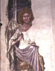 Figura incoronata che tiene un ramo di palma, possibilmente un angelo