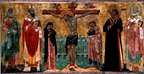 Crocifissione e santi. Pittura su legno di artista anonimo della scuola veneto-bizantina. Venezia, Museo Correr