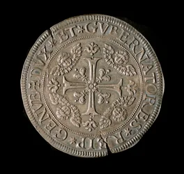 Moneta della Repubblica di Genova: ECU largo in argento. Diam. 61 mm. 1693. fronte. Genova, Musei di Strada Nuova (inv, M7135)