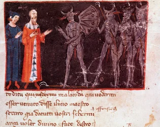 Dante e Virgilio parlano con Malacoda, capo delle schiere dei Malebranche (canto 21 dell